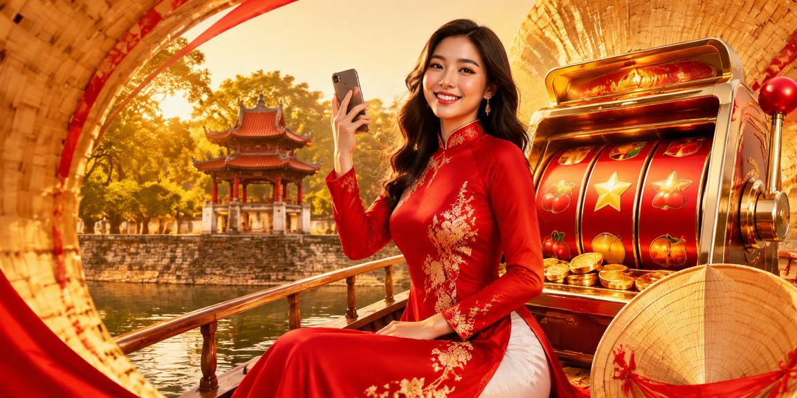 Người chơi slot jackpot tại Hà Nội trên thiết bị di động với áo dài truyền thống